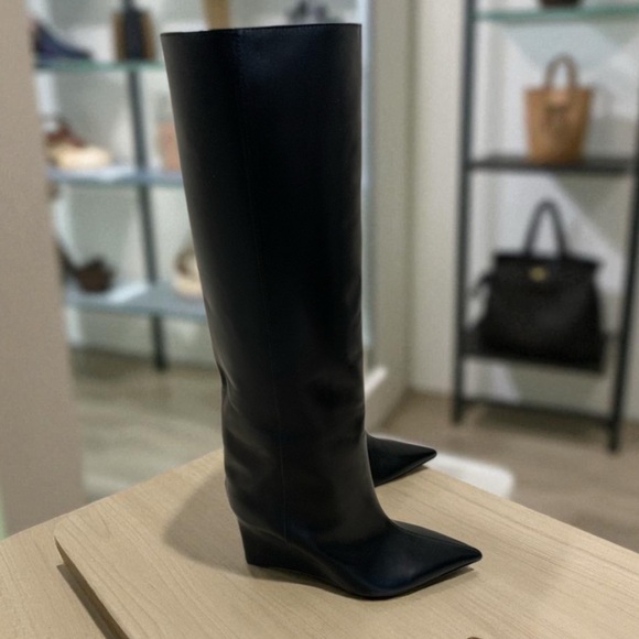 Jimmy Choo Shoes - JIMMY CHOO Blake 85 logo-appliquéd leather wedge knee boots Size 36.5